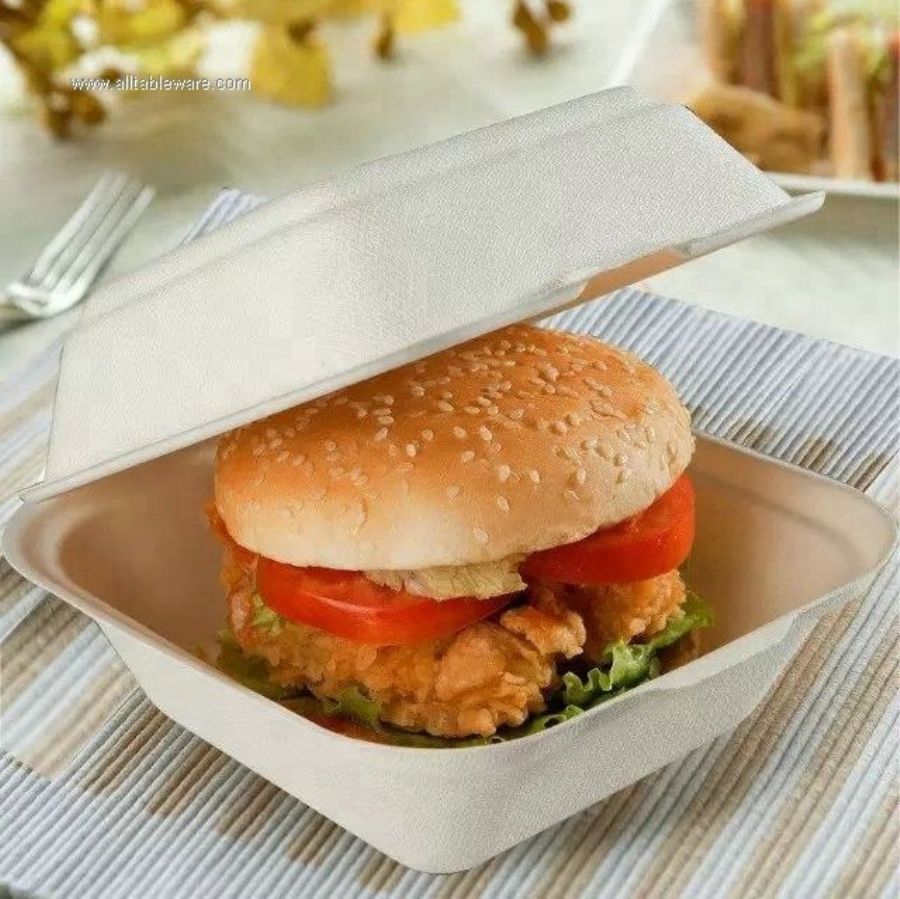 450ml 100% Biodegradable Composable Disposable Bagasse Paper Pulp Burger Box